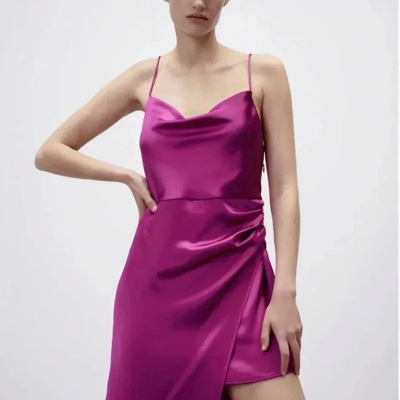 Zara  Magenta Satin Effect Asymmetric Dress Size  M0387/186 - Picture 4 of 6